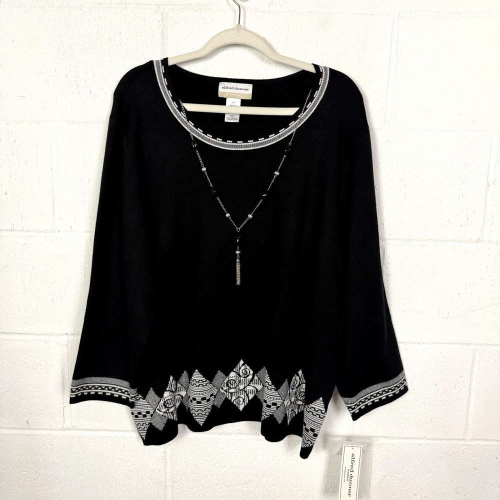 Alfred Dunner NWT Sweater Plus SZ 1X Black Patchwork Detachable Beaded Necklace